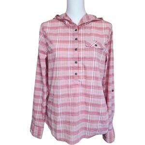 Prana Anja Button Up Hooded Popover Long Sleeve‎ Pink Plaid Size M